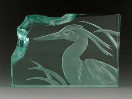 Etched Glass Heron Sculpture. 4" Tall, 6" Long & 5/8" Deep.