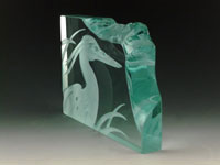 Etched Glass Heron Sculpture. 4" Tall, 6" Long & 5/8" Deep.