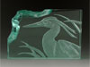 Etched Glass Heron Sculpture. 4" Tall, 6" Long & 5/8" Deep.