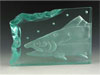 Etched Glass Salmon Sculpture. 4" Tall, 6" Long & 5/8" Deep.