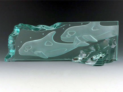 Etched Glass Orca Sculpture. 4" Tall, 12" Long & 2" Deep.