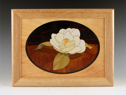 Marquetry Wood Box with Gardenia Design. 8" x 6" x 2" with 1.25" Deep Interior.