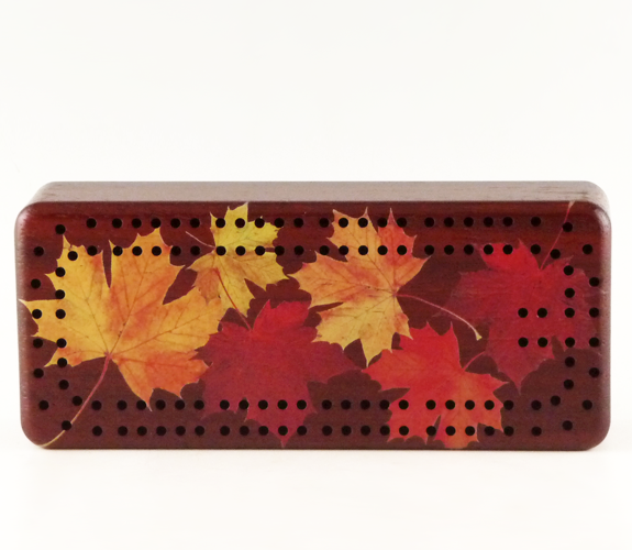  Mitercraft Woodworking Fall Leaves cribbage board with pegs & cards.