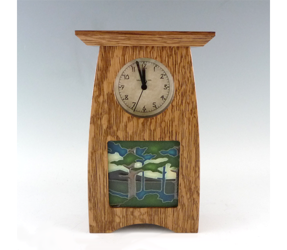 Arts and Crafts Clock Light Oak and Ceramic Tile