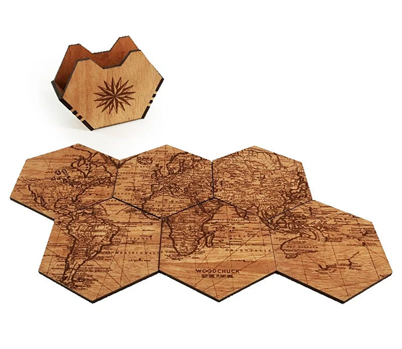 Mahogany World Map Coaster Set