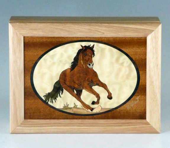 MarqArt - Marquetry Wood Box with Horse Design. 8" x 6"